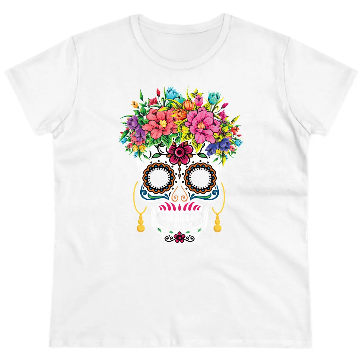 Vibrant Calavera Skull with Blooming Flower Crown Ladies Tee in White