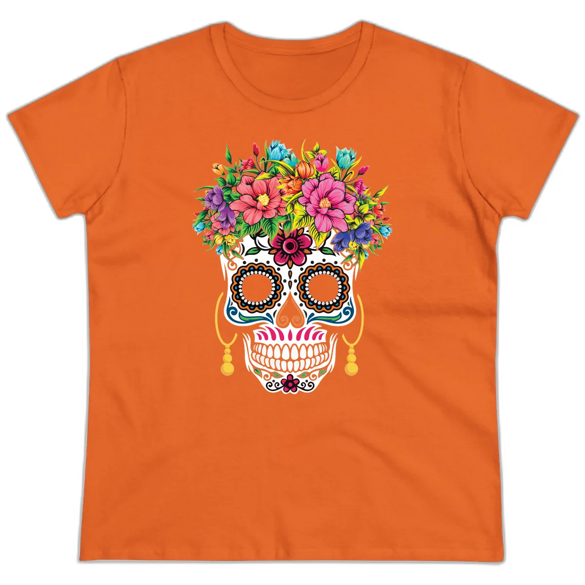 Vibrant Calavera Skull with Blooming Flower Crown Ladies Tee in Orange