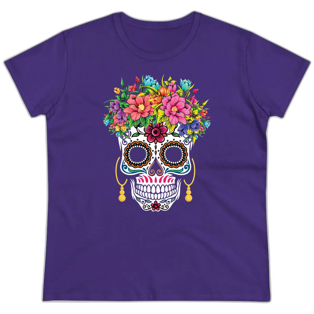 Vibrant Calavera Skull with Blooming Flower Crown Ladies Tee in Purple