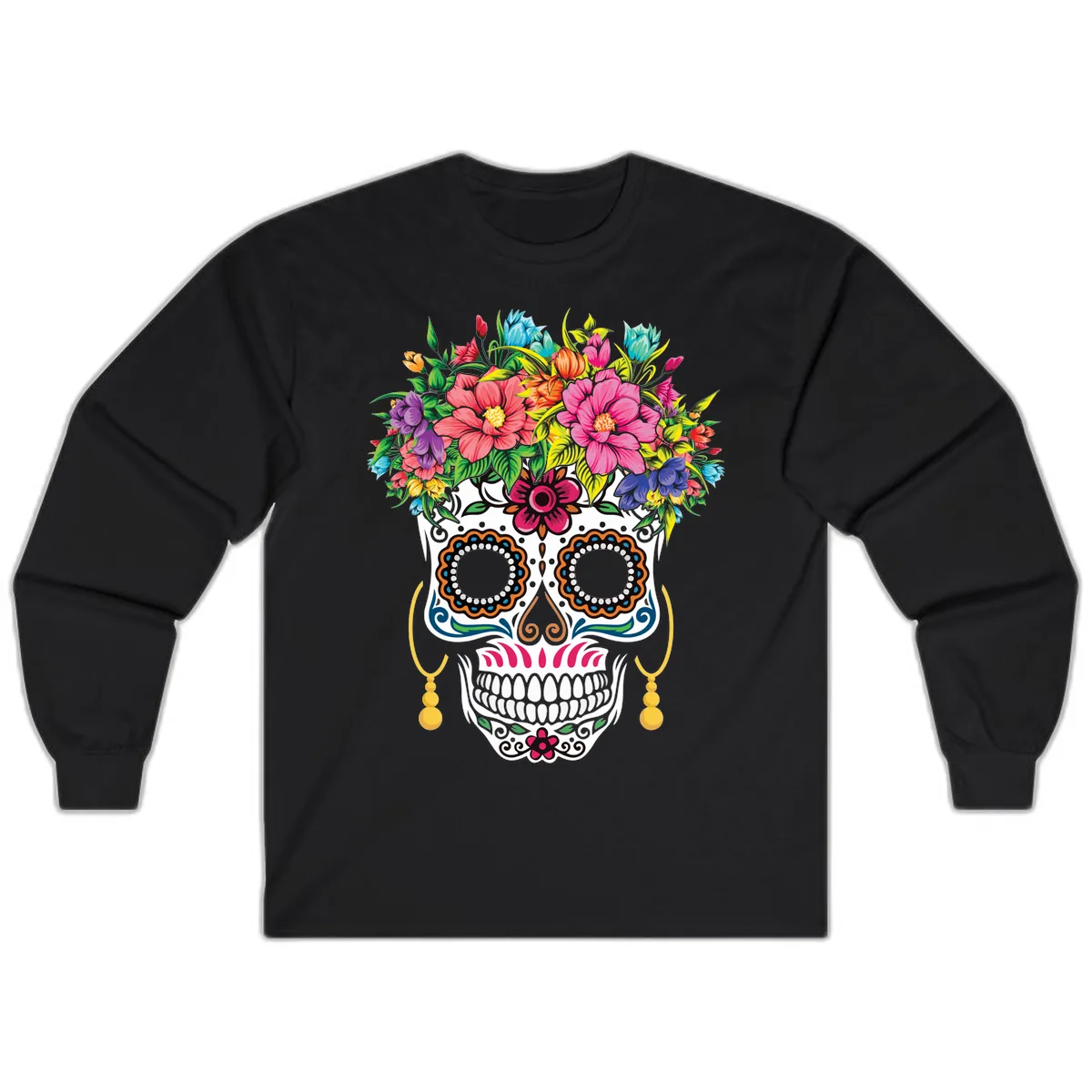 Vibrant Calavera Skull with Blooming Flower Crown Long Sleeve in Black