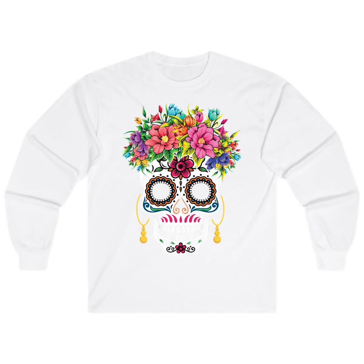 Vibrant Calavera Skull with Blooming Flower Crown Long Sleeve in White