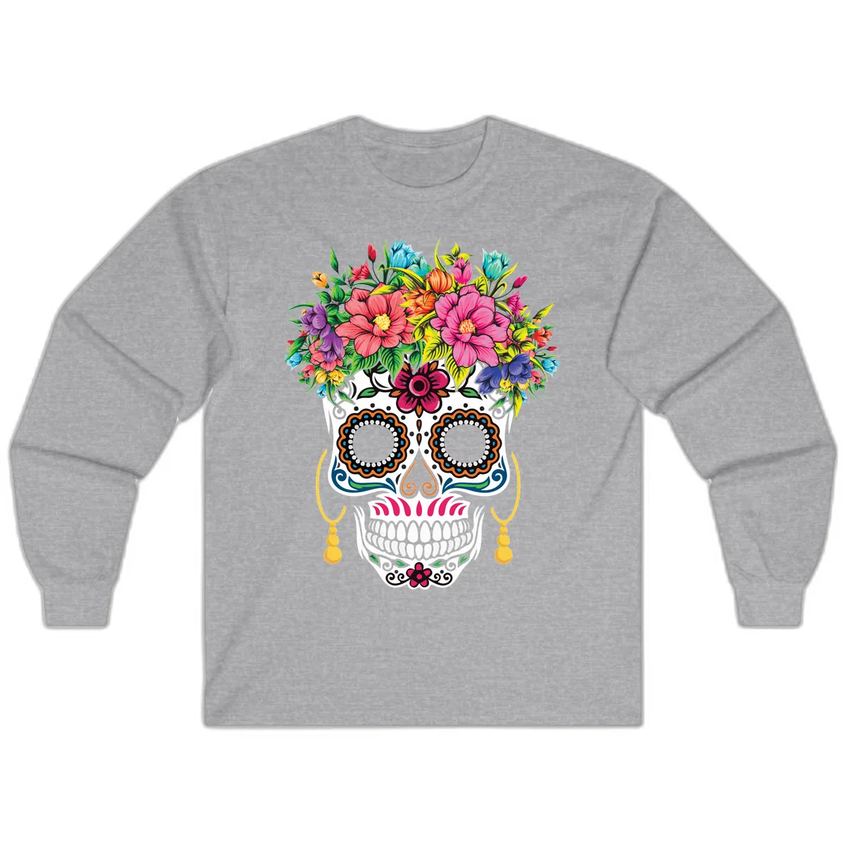 Vibrant Calavera Skull with Blooming Flower Crown Long Sleeve in Sport Grey