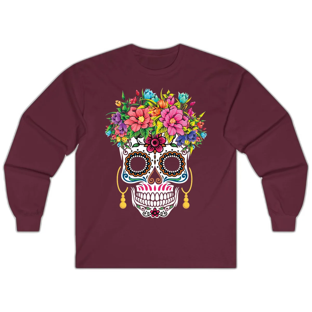 Vibrant Calavera Skull with Blooming Flower Crown Long Sleeve in Maroon