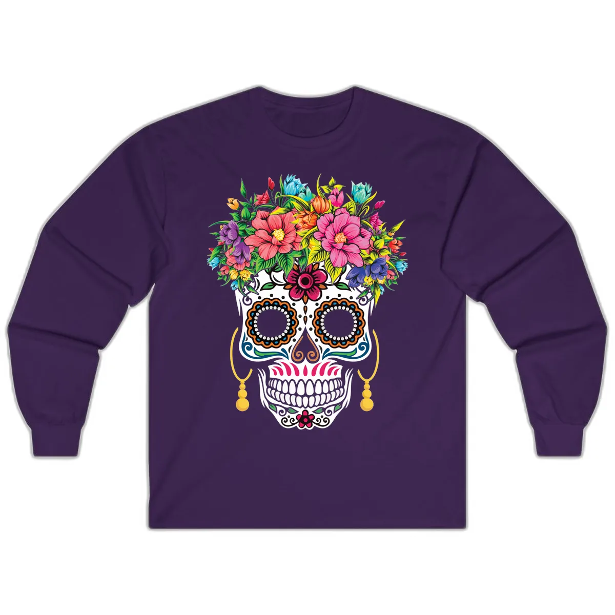 Vibrant Calavera Skull with Blooming Flower Crown Long Sleeve in Purple