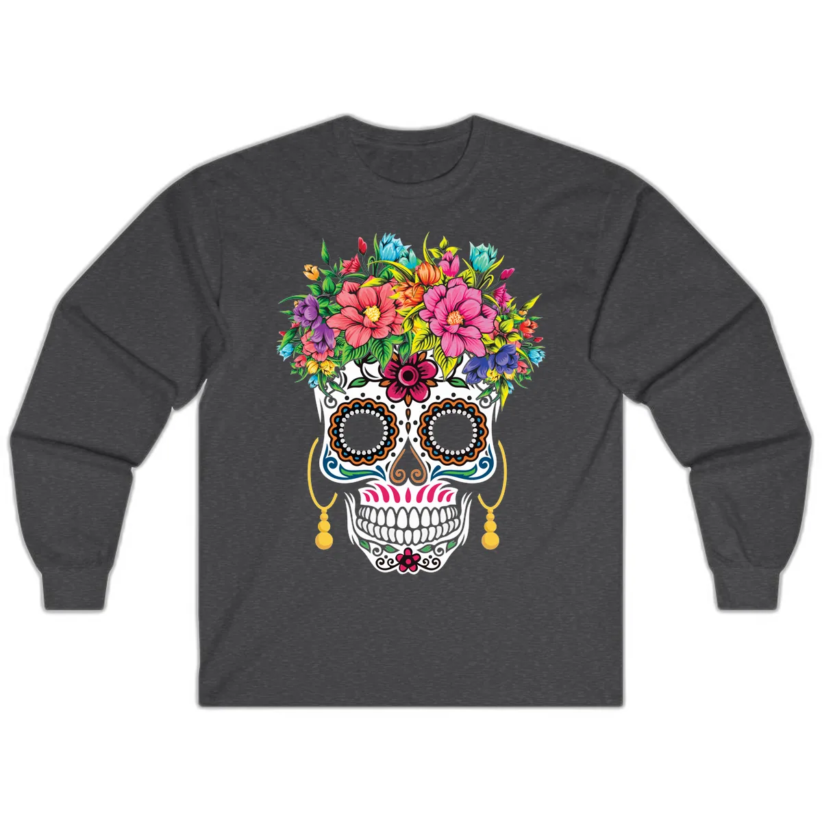 Vibrant Calavera Skull with Blooming Flower Crown Long Sleeve in Dark Heather