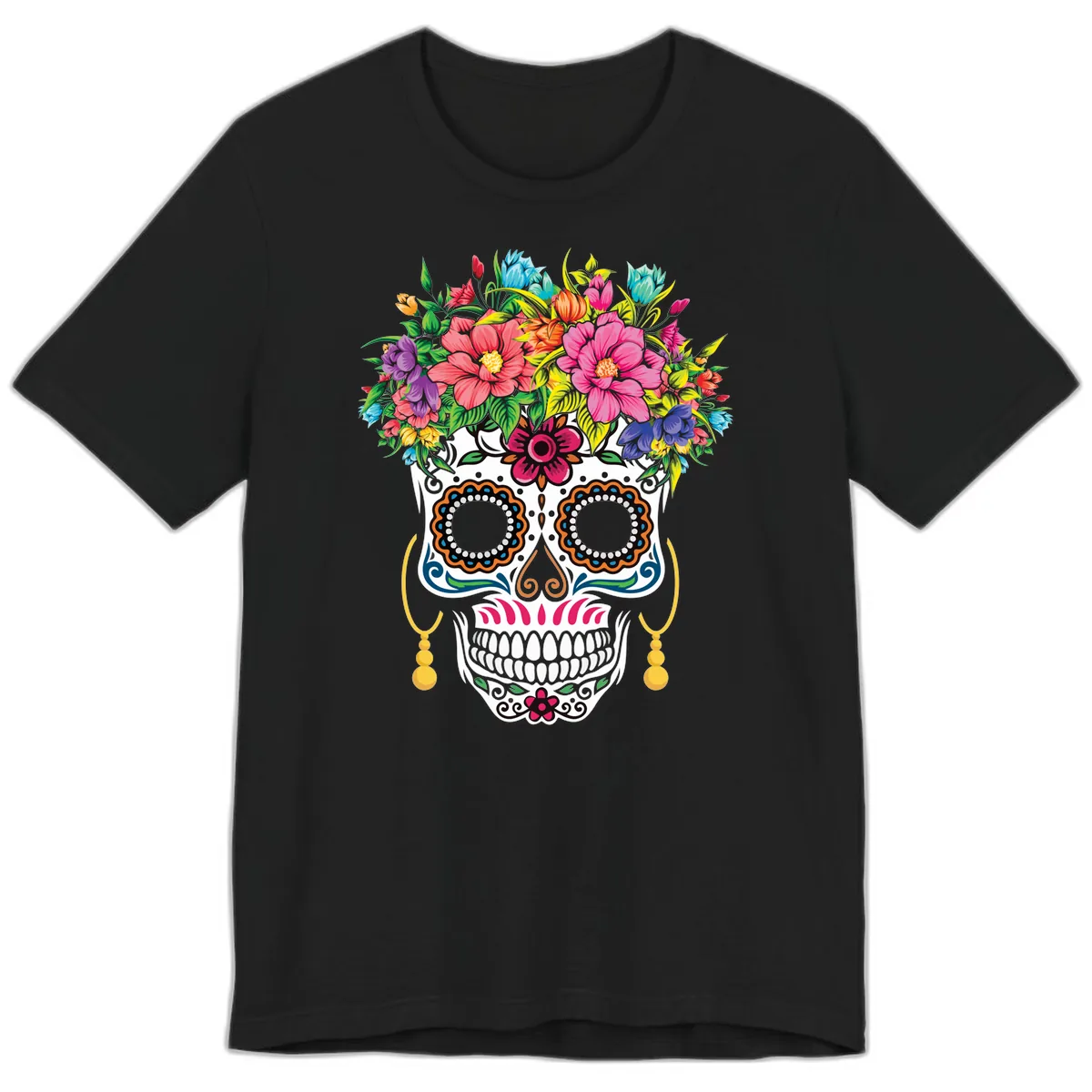 Vibrant Calavera Skull with Blooming Flower Crown Premium T-Shirt in Black