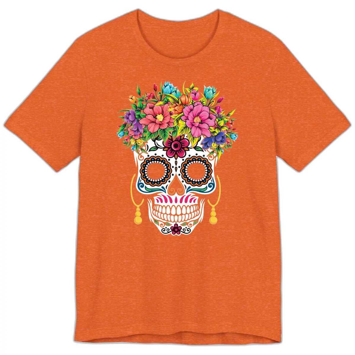 Vibrant Calavera Skull with Blooming Flower Crown Premium T-Shirt in Heather Orange
