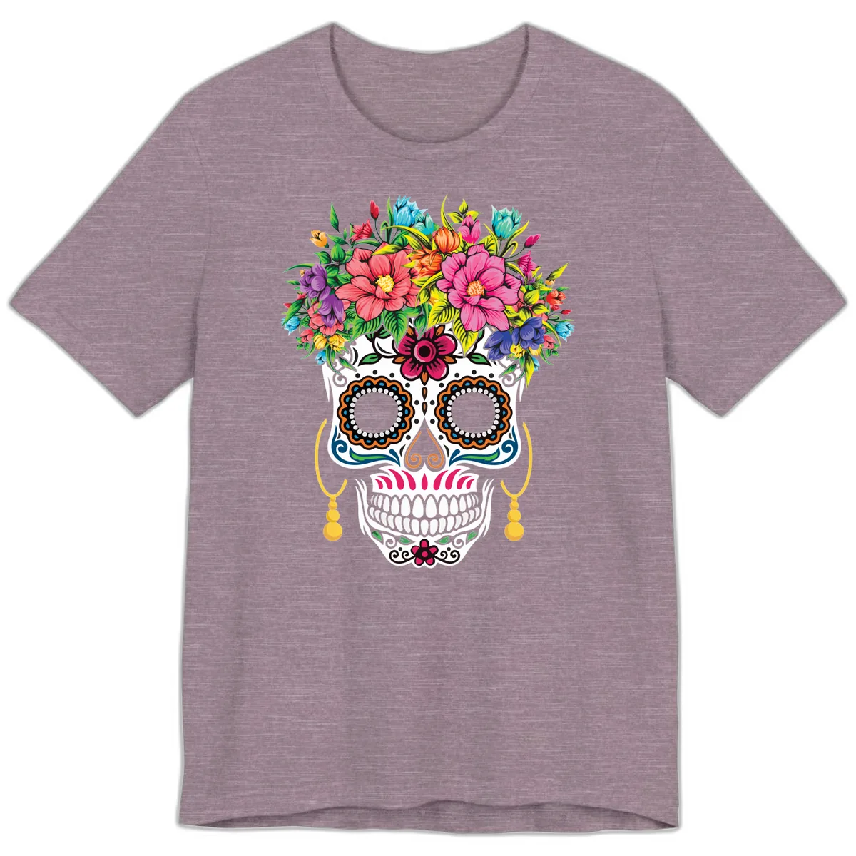 Vibrant Calavera Skull with Blooming Flower Crown Premium T-Shirt in Heather Purple