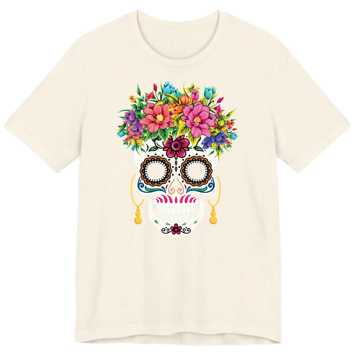 Vibrant Calavera Skull with Blooming Flower Crown Premium T-Shirt in Natural