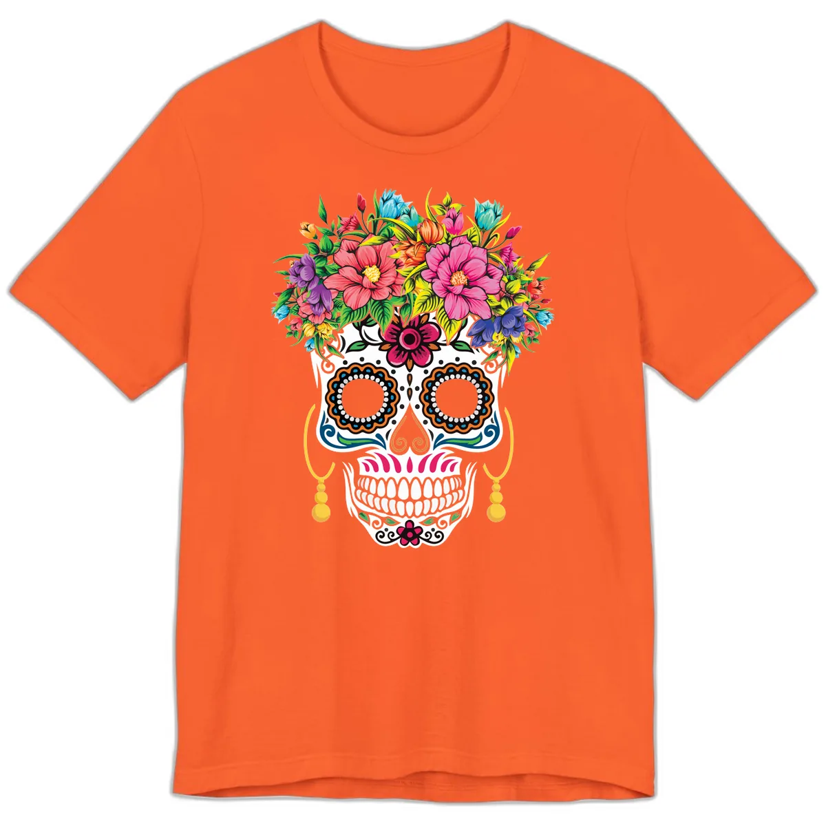 Vibrant Calavera Skull with Blooming Flower Crown Premium T-Shirt in Orange