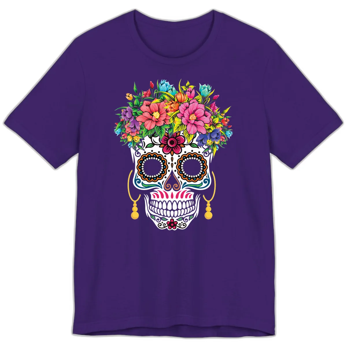 Vibrant Calavera Skull with Blooming Flower Crown Premium T-Shirt in Team Purple