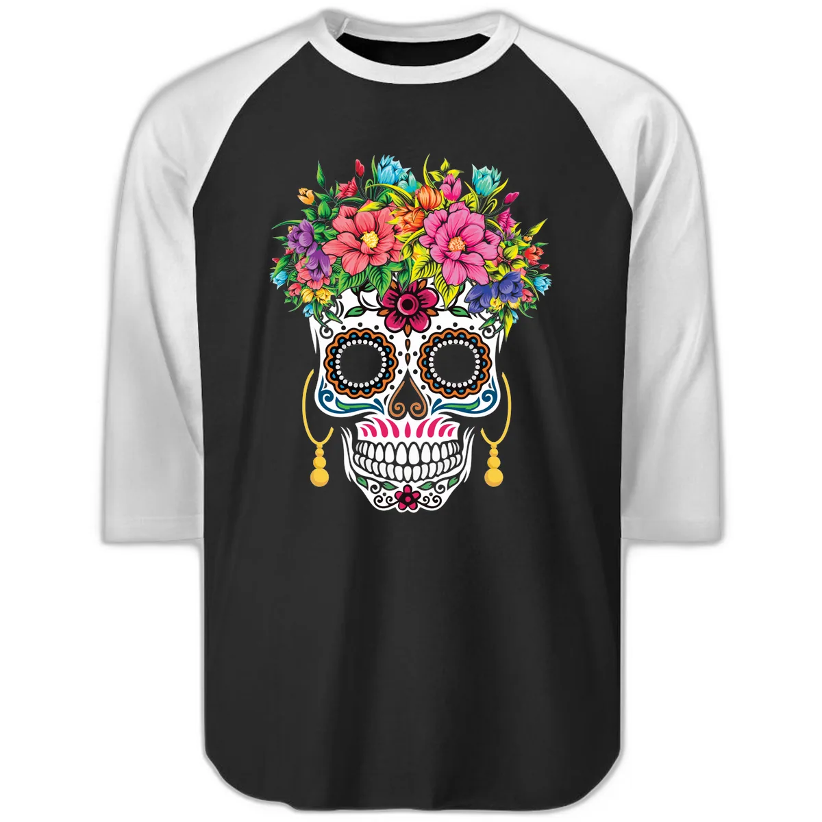 Vibrant Calavera Skull with Blooming Flower Crown Raglan 3/4 in Black White