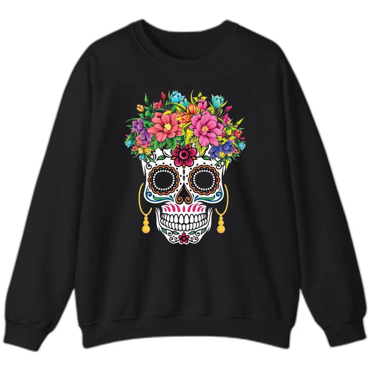 Vibrant Calavera Skull with Blooming Flower Crown Sweatshirt in Black