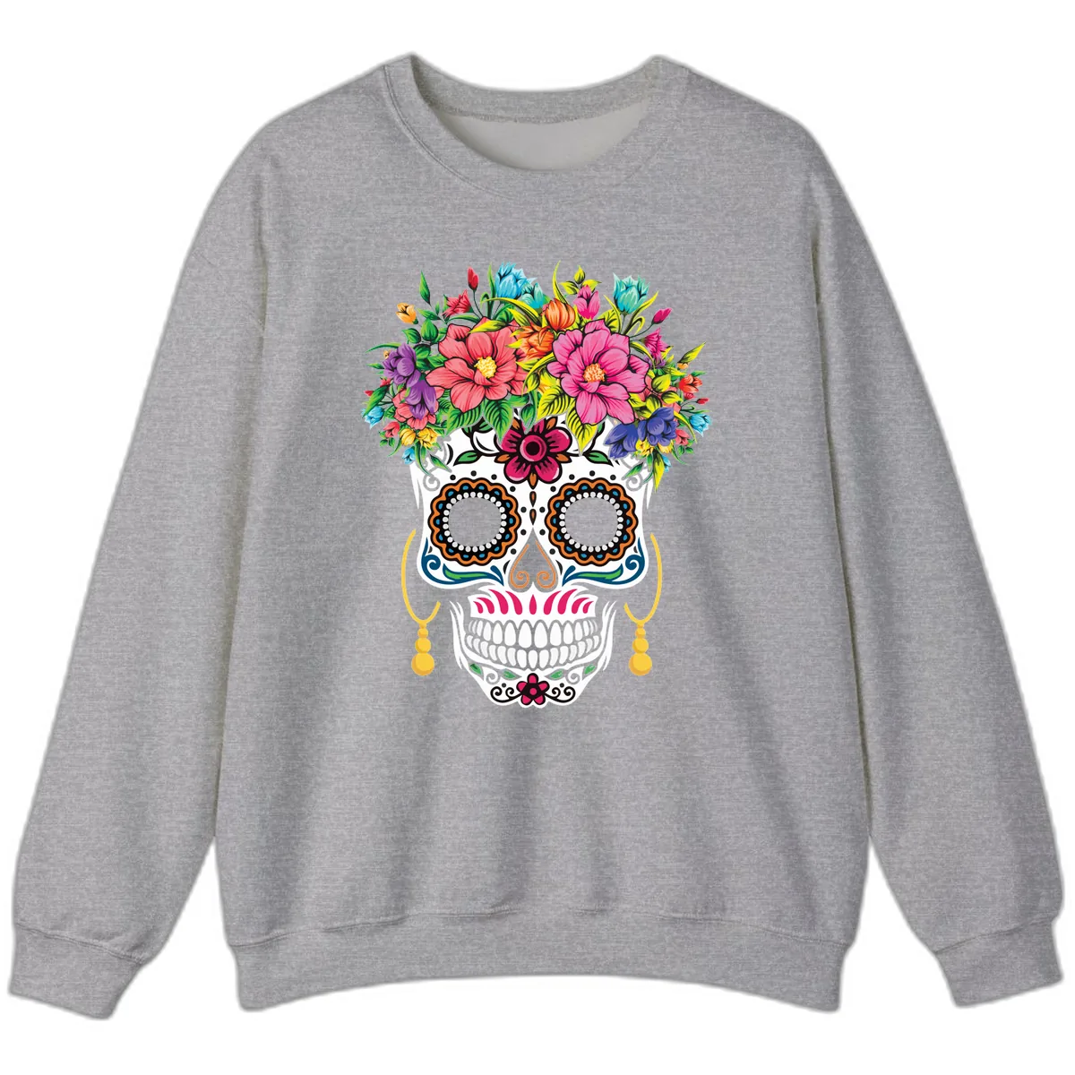 Vibrant Calavera Skull with Blooming Flower Crown Sweatshirt in Sport Grey