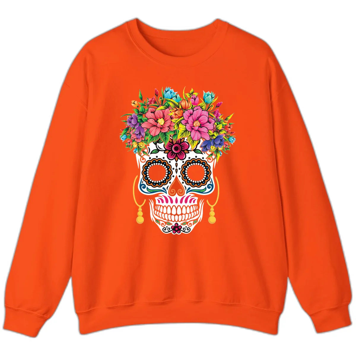 Vibrant Calavera Skull with Blooming Flower Crown Sweatshirt in Orange
