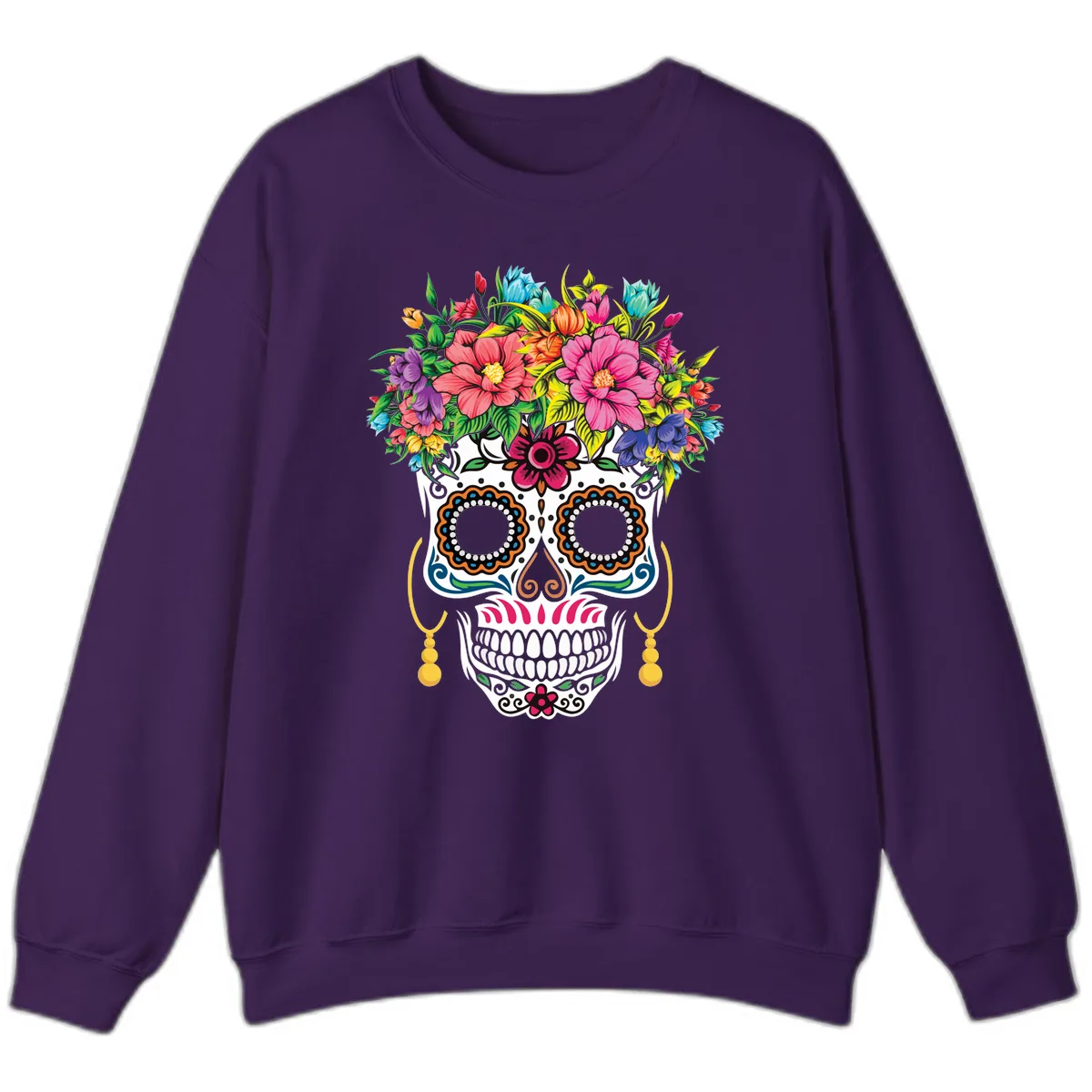 Vibrant Calavera Skull with Blooming Flower Crown Sweatshirt in Purple