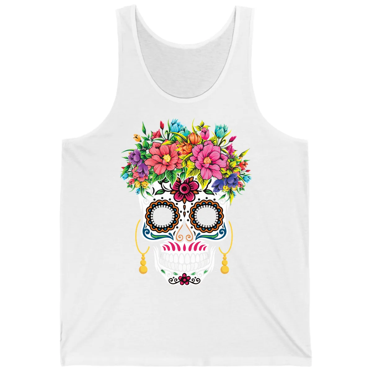 Vibrant Calavera Skull with Blooming Flower Crown Tank in White