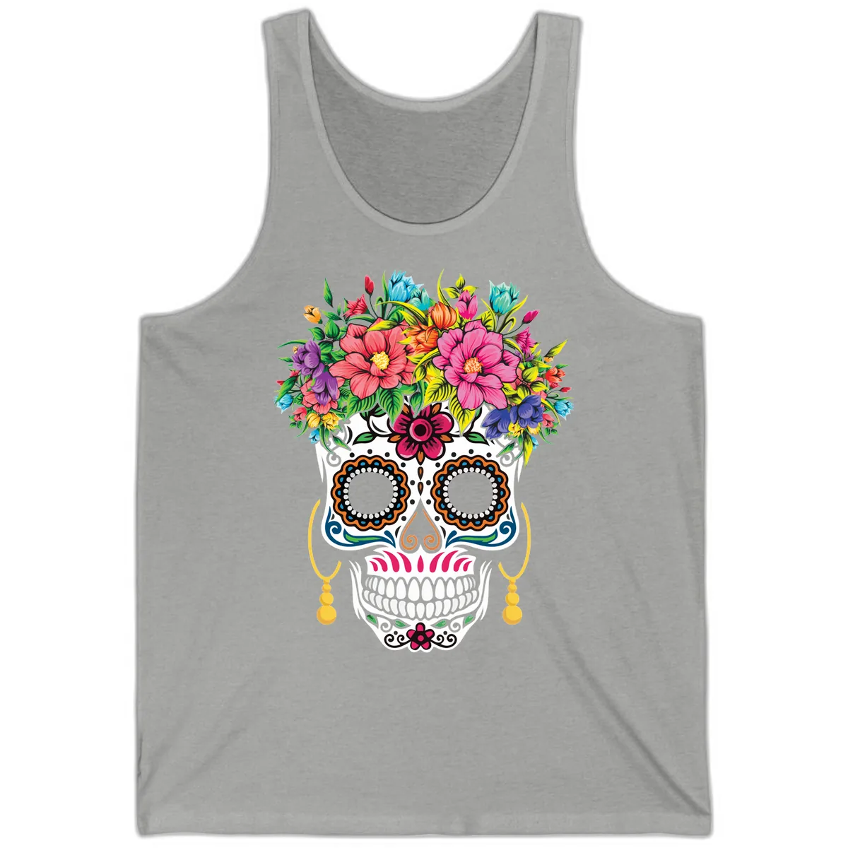 Vibrant Calavera Skull with Blooming Flower Crown Tank in Athletic Heather