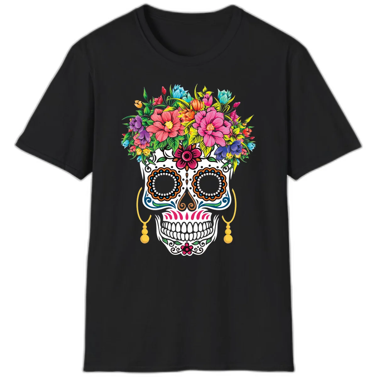 Vibrant Calavera Skull with Blooming Flower Crown T-Shirt in Black