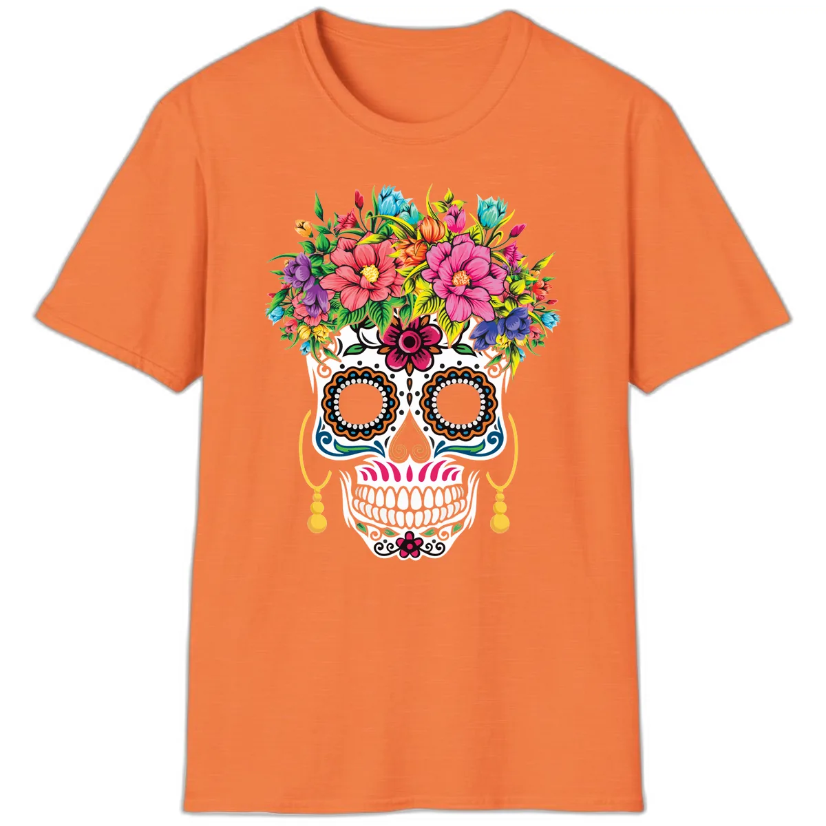 Vibrant Calavera Skull with Blooming Flower Crown T-Shirt in Heather Orange
