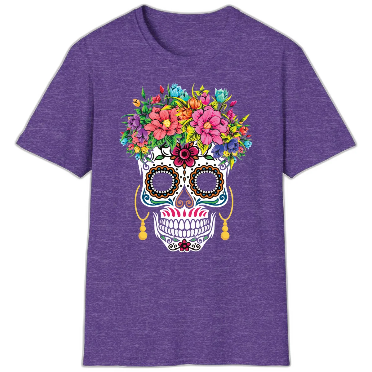 Vibrant Calavera Skull with Blooming Flower Crown T-Shirt in Heather Purple