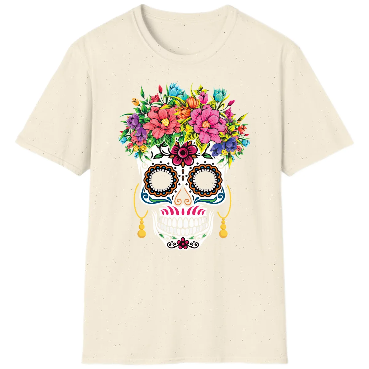 Vibrant Calavera Skull with Blooming Flower Crown T-Shirt in Natural
