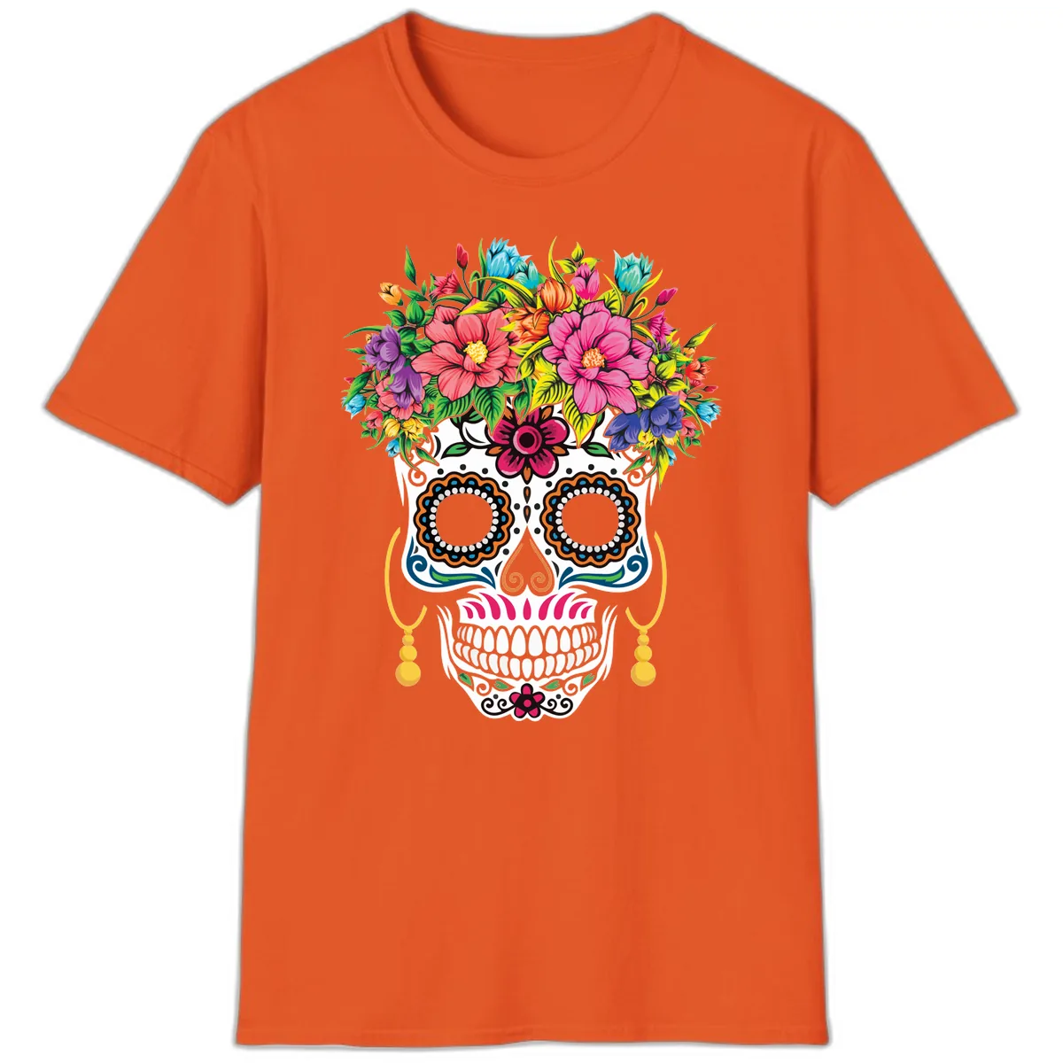 Vibrant Calavera Skull with Blooming Flower Crown T-Shirt in Orange