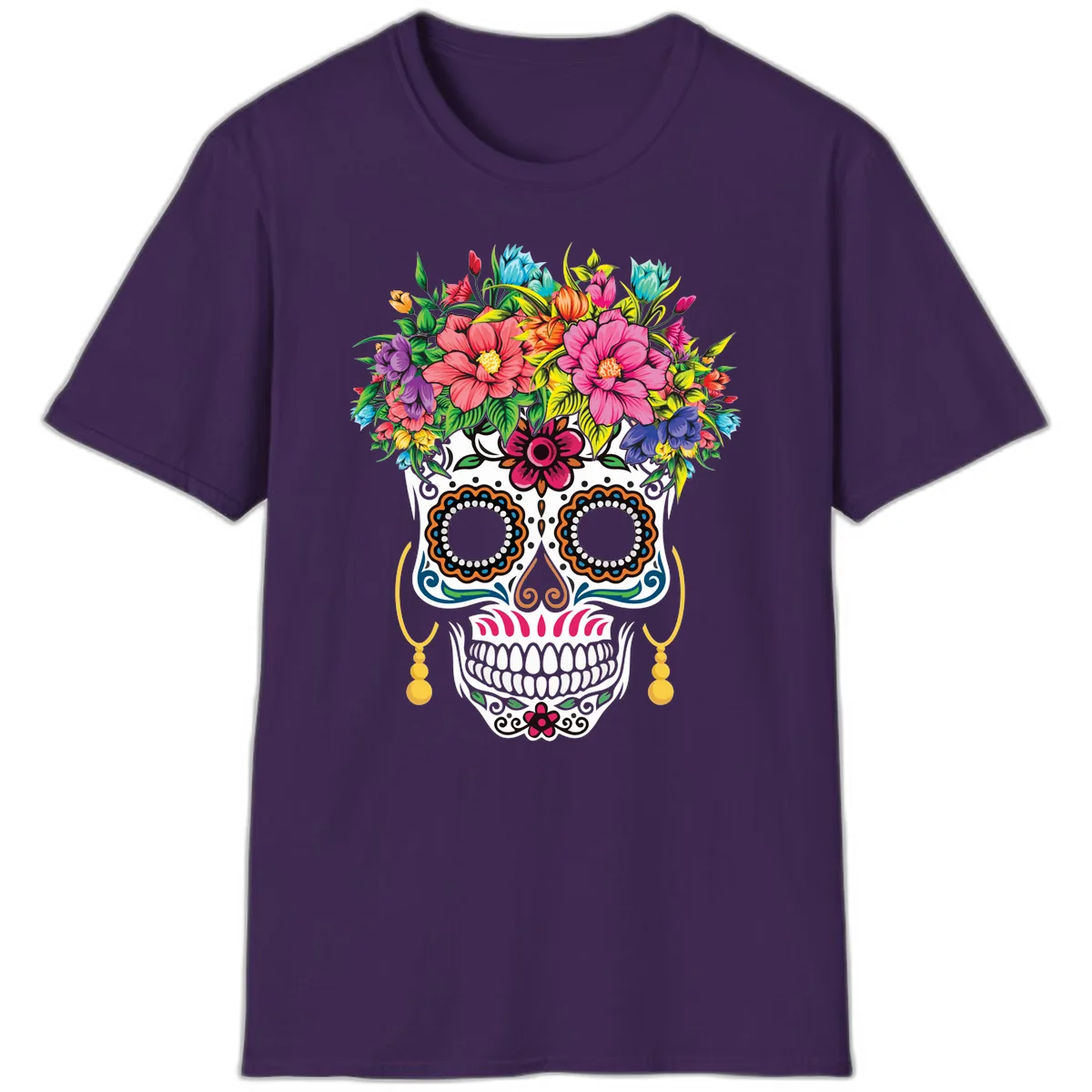 Vibrant Calavera Skull with Blooming Flower Crown T-Shirt in Purple