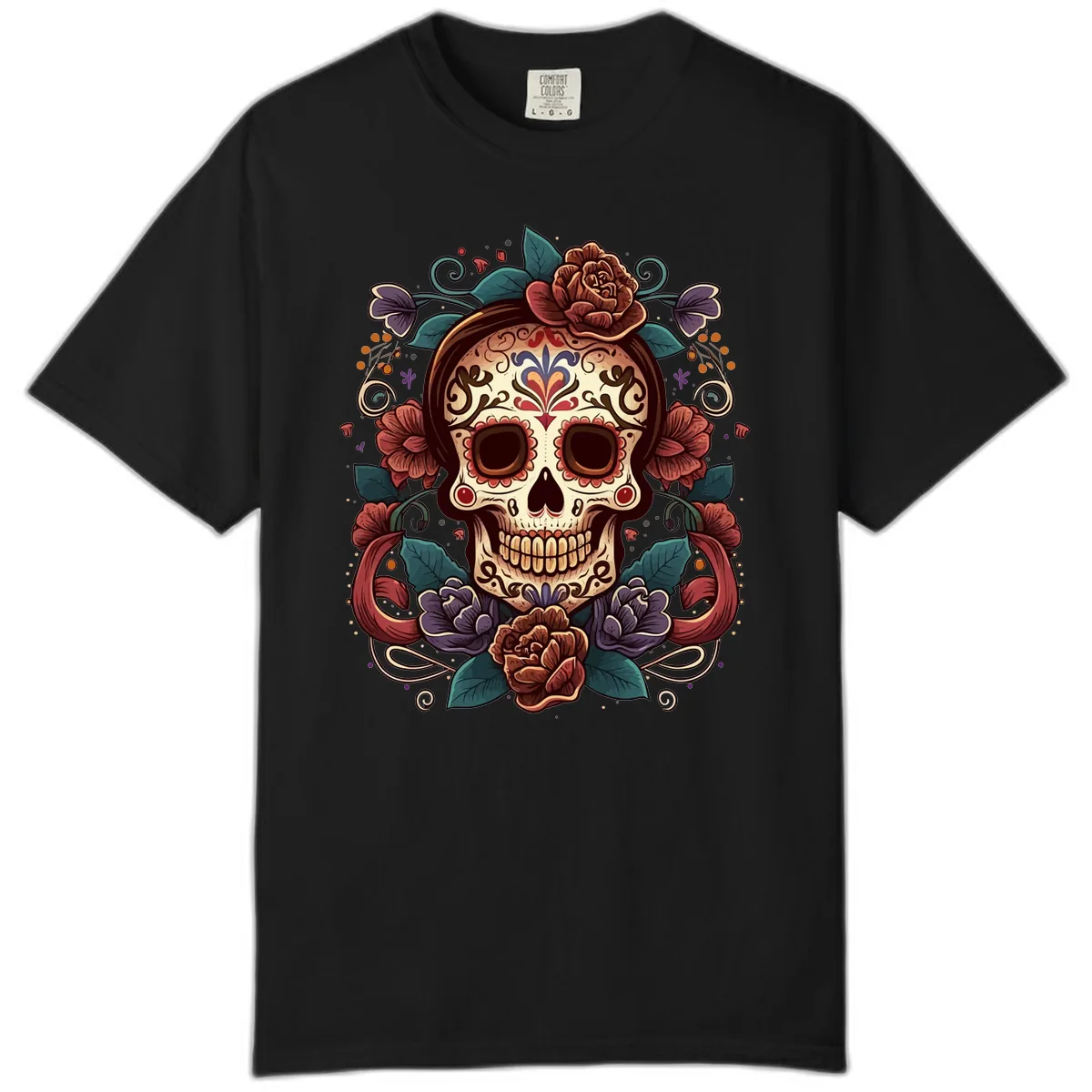 Ornate Floral Calavera Skull Day of the Dead Comfort Color in Black