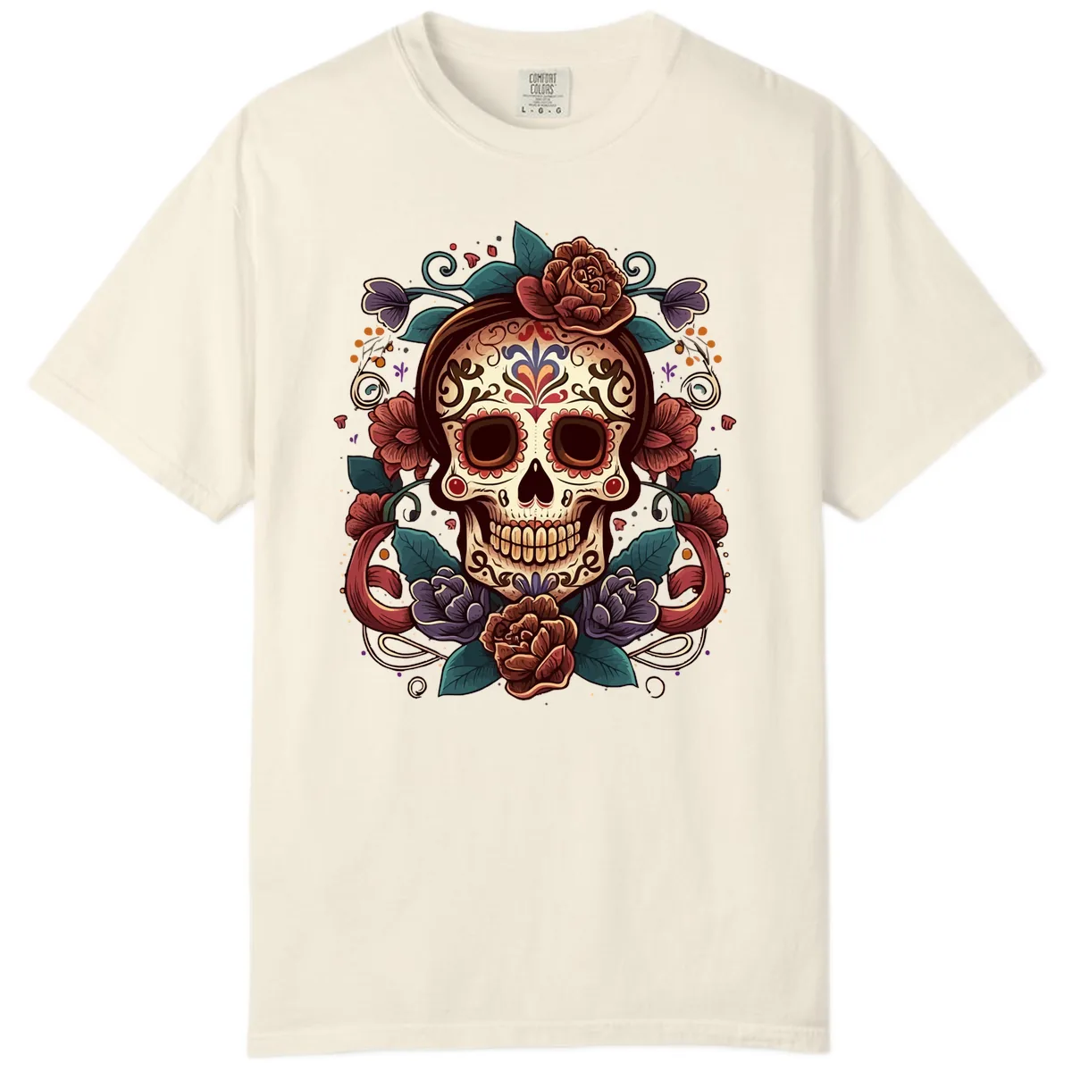Ornate Floral Calavera Skull Day of the Dead Comfort Color in Ivory