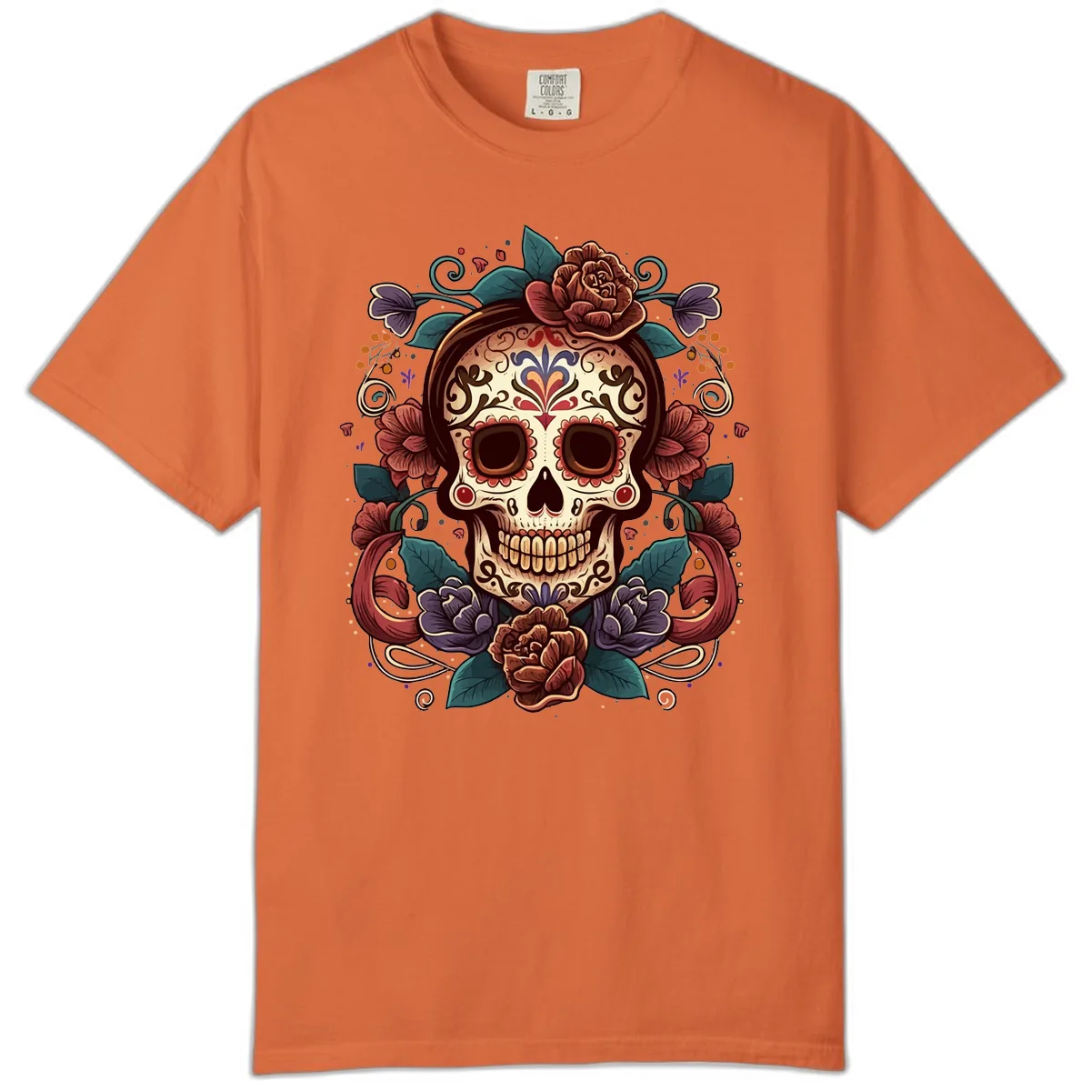 Ornate Floral Calavera Skull Day of the Dead Comfort Color in Burnt Orange