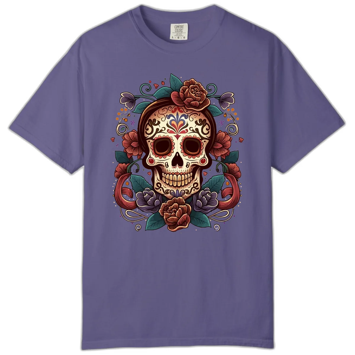 Ornate Floral Calavera Skull Day of the Dead Comfort Color in Grape