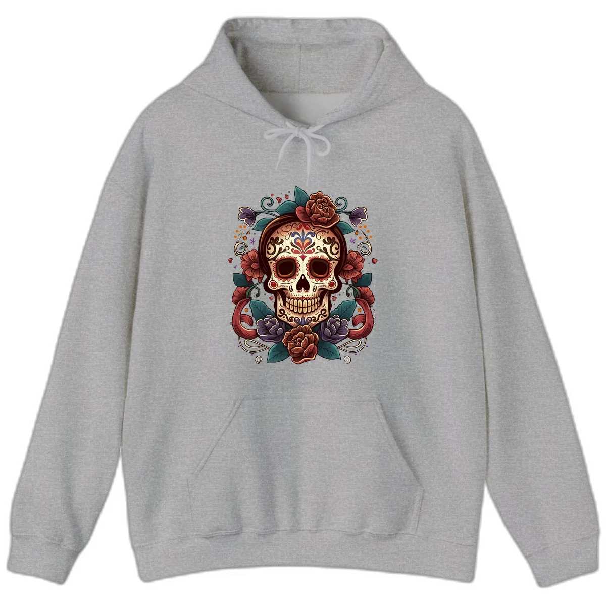 Ornate Floral Calavera Skull Day of the Dead Hoodie in Sport Grey
