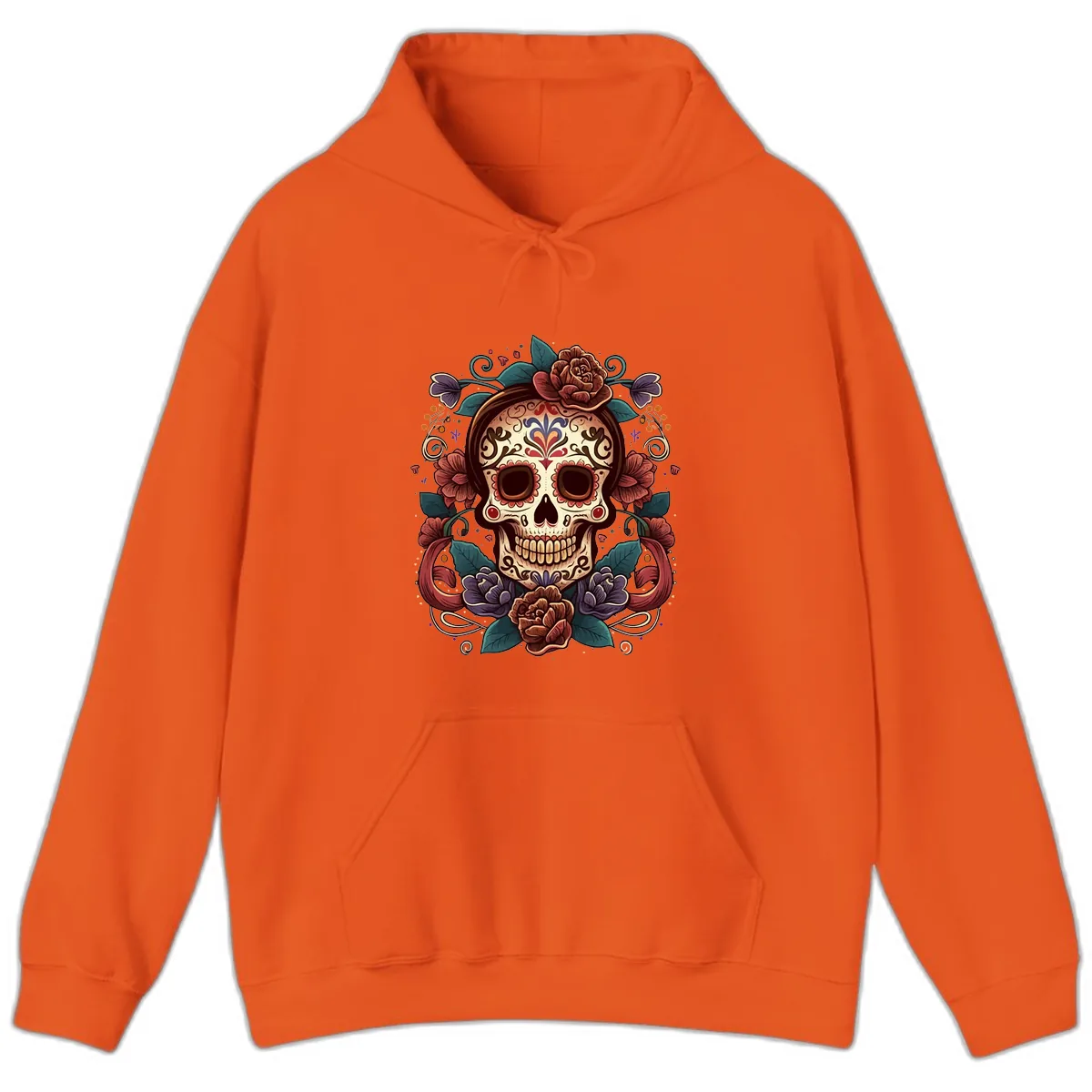 Ornate Floral Calavera Skull Day of the Dead Hoodie in Orange