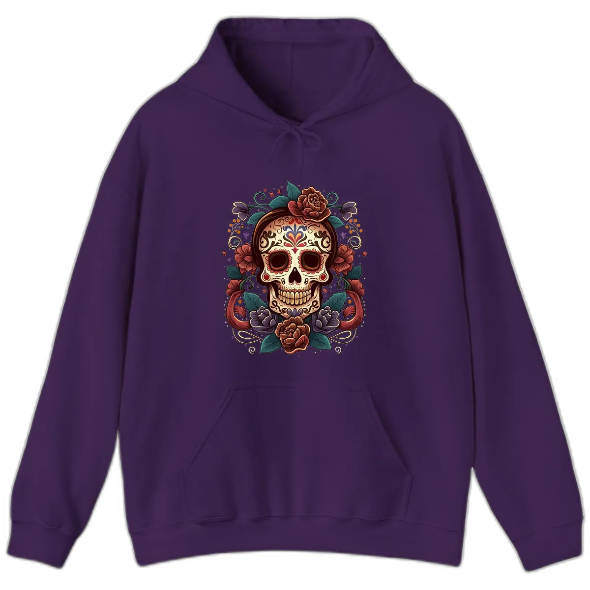 Ornate Floral Calavera Skull Day of the Dead Hoodie in Purple