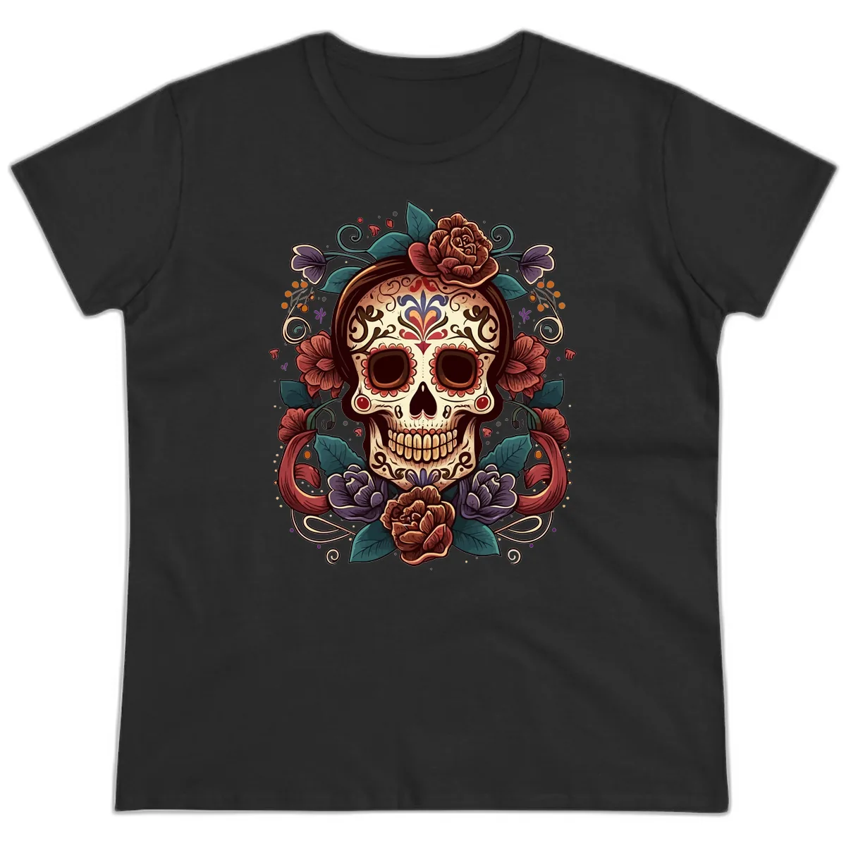 Ornate Floral Calavera Skull Day of the Dead Ladies Tee in Black