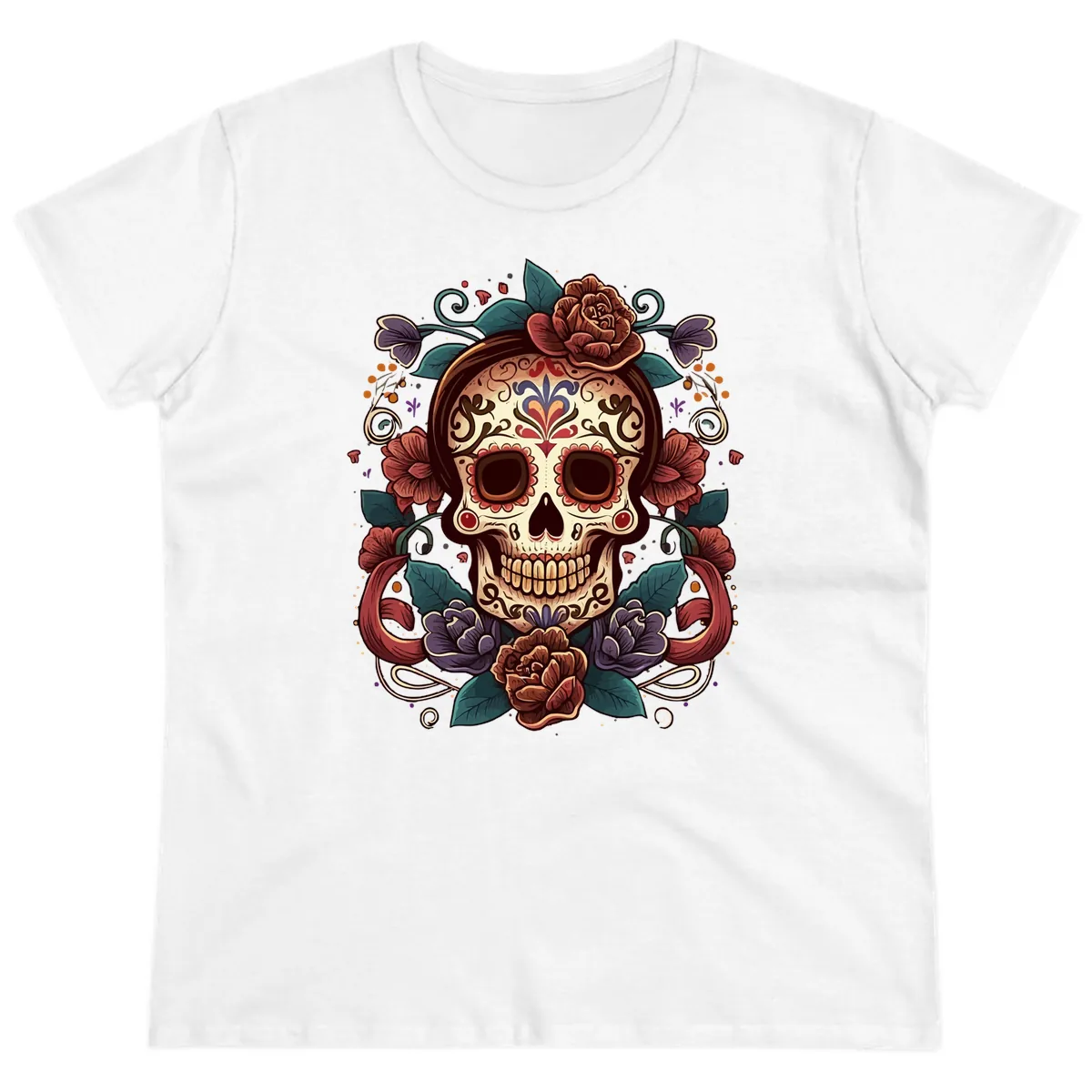 Ornate Floral Calavera Skull Day of the Dead Ladies Tee in White