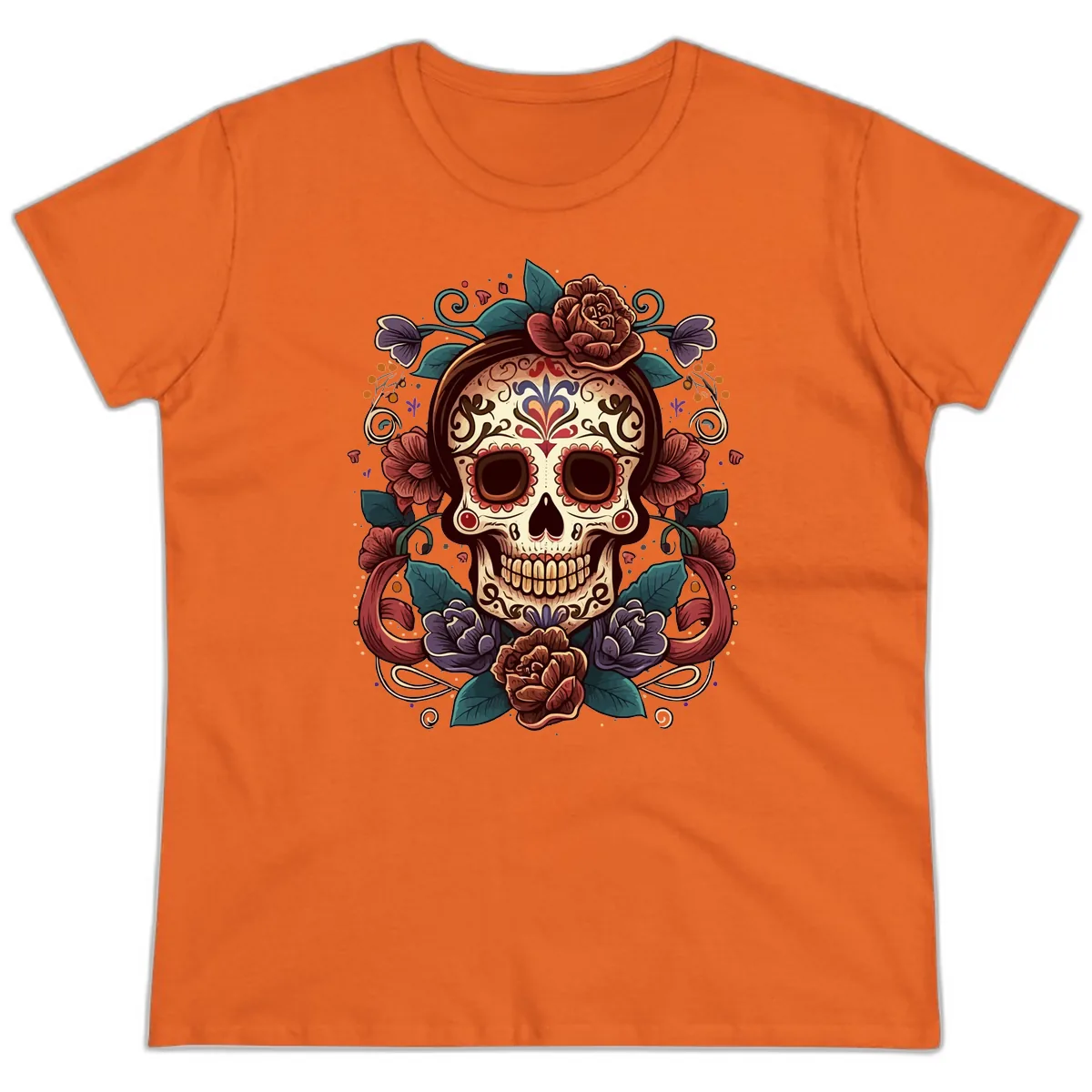 Ornate Floral Calavera Skull Day of the Dead Ladies Tee in Orange
