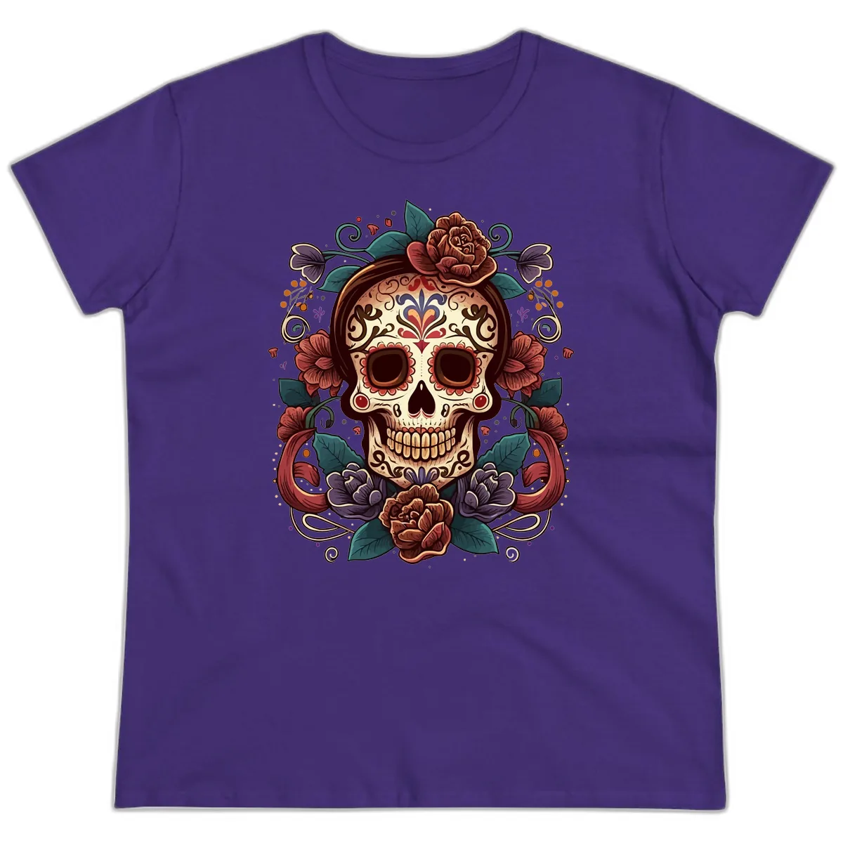 Ornate Floral Calavera Skull Day of the Dead Ladies Tee in Purple