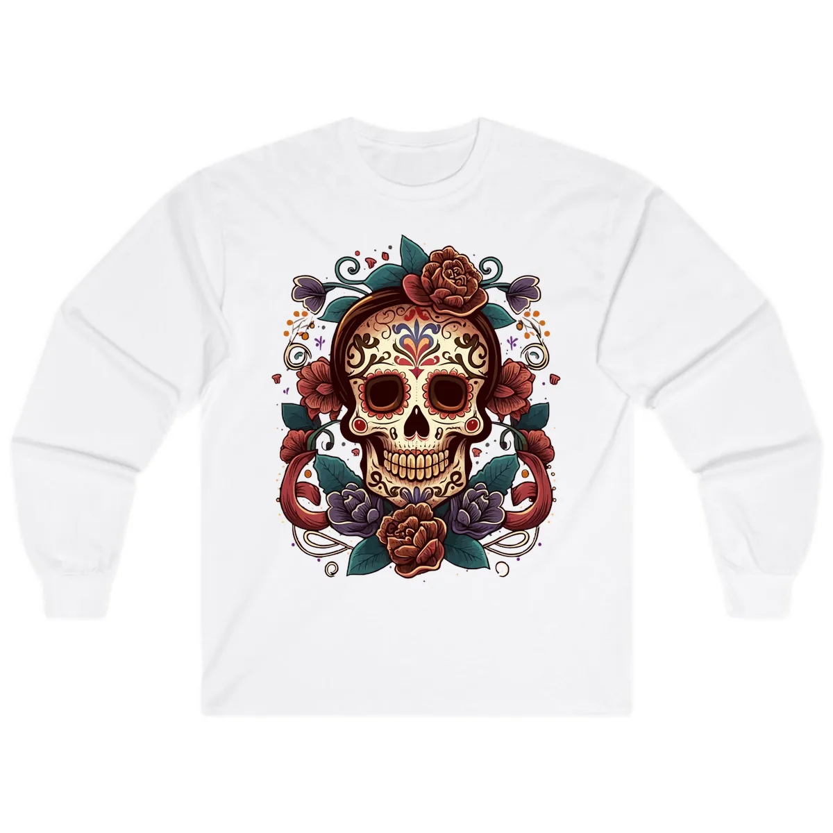 Ornate Floral Calavera Skull Day of the Dead Long Sleeve in White