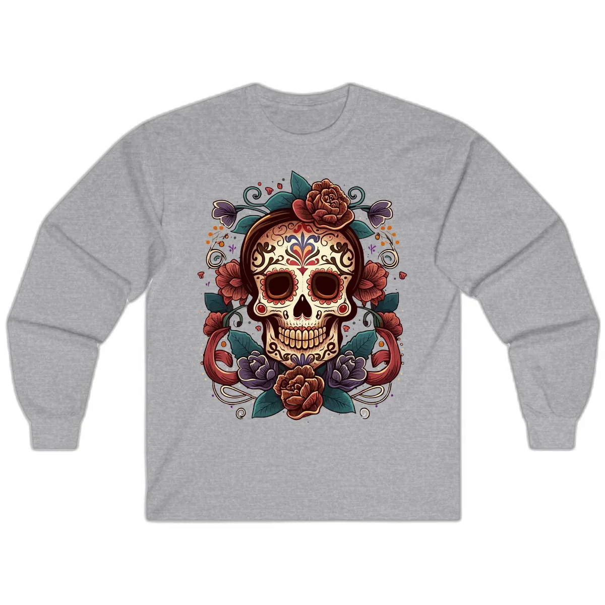 Ornate Floral Calavera Skull Day of the Dead Long Sleeve in Sport Grey