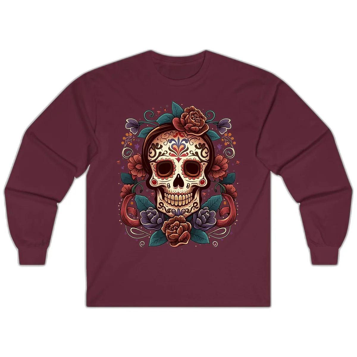 Ornate Floral Calavera Skull Day of the Dead Long Sleeve in Maroon