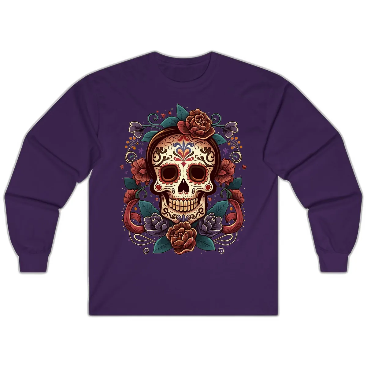 Ornate Floral Calavera Skull Day of the Dead Long Sleeve in Purple