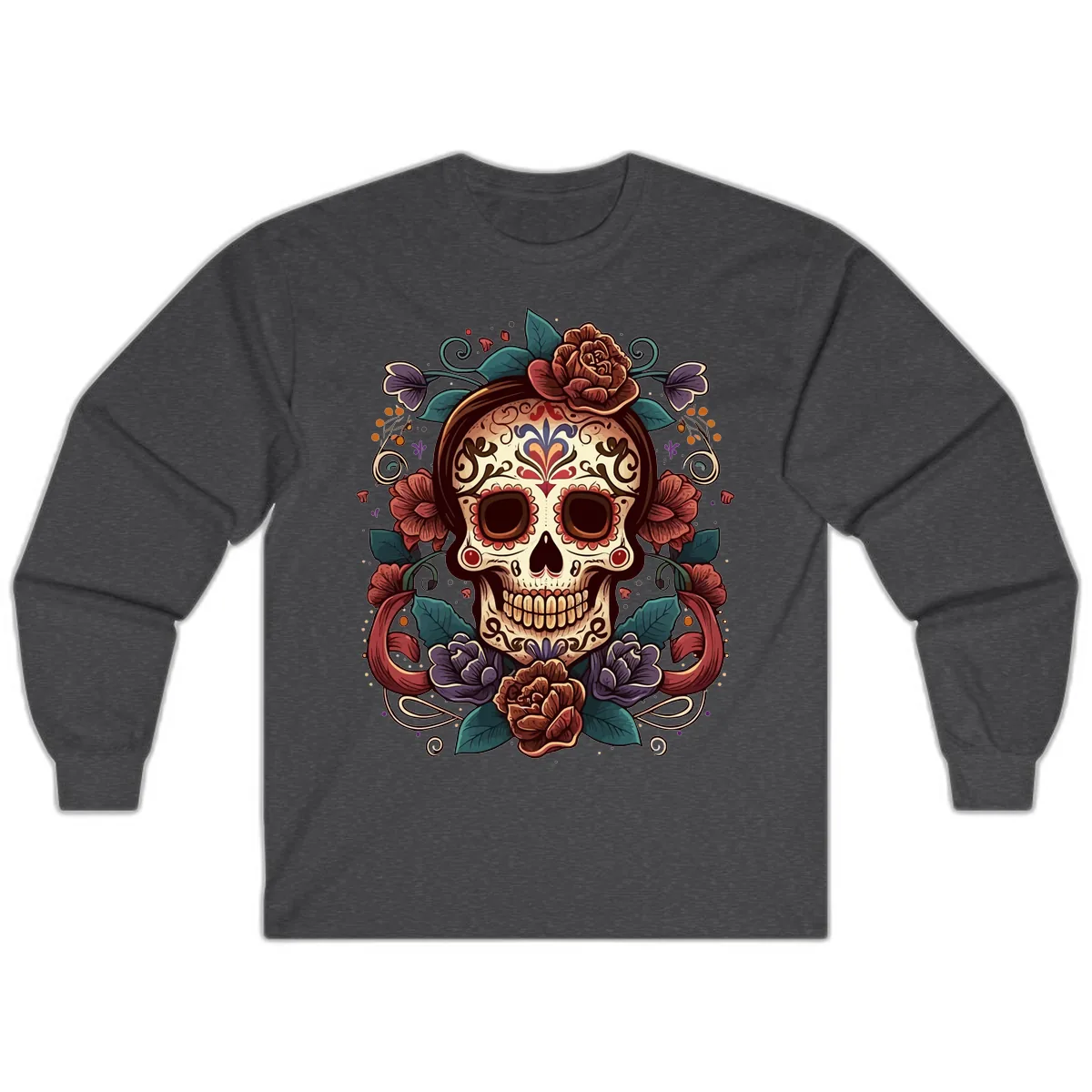 Ornate Floral Calavera Skull Day of the Dead Long Sleeve in Dark Heather