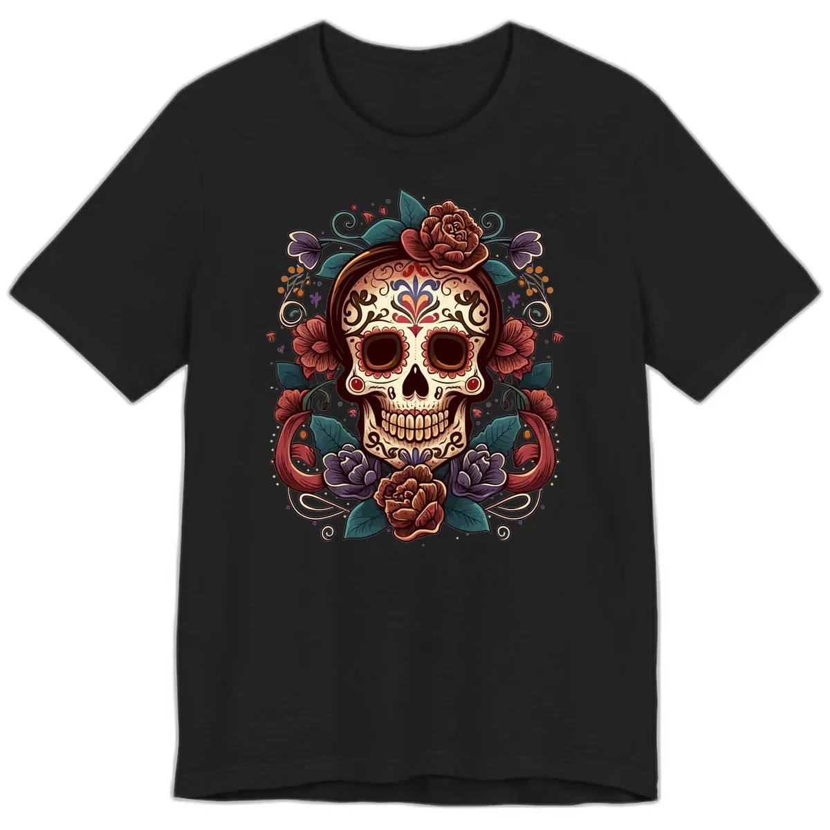 Ornate Floral Calavera Skull Day of the Dead Premium T-Shirt in Black