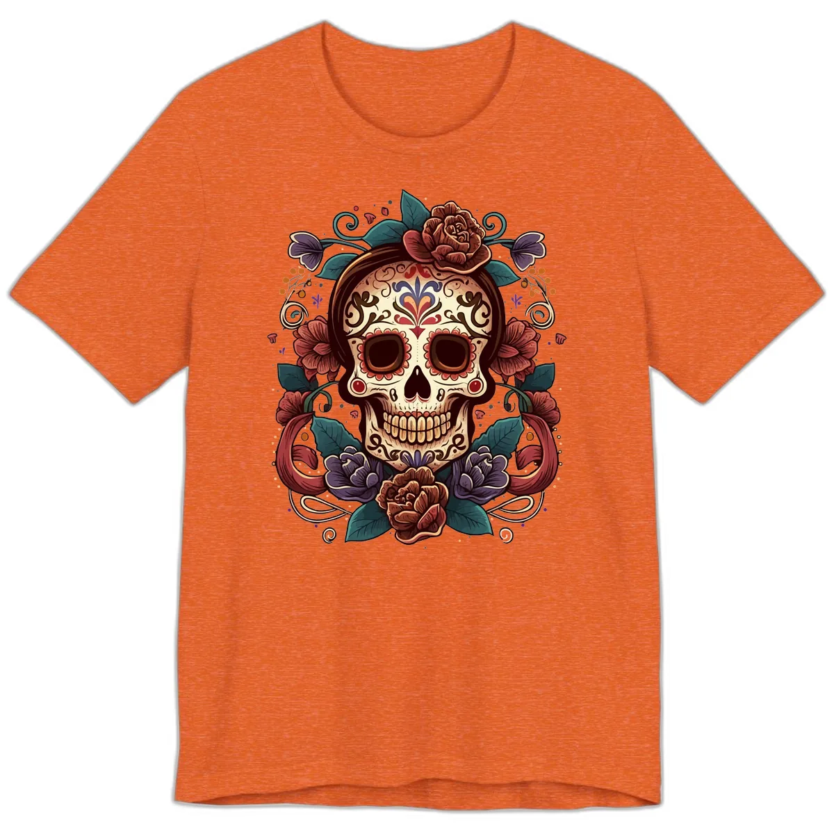 Ornate Floral Calavera Skull Day of the Dead Premium T-Shirt in Heather Orange