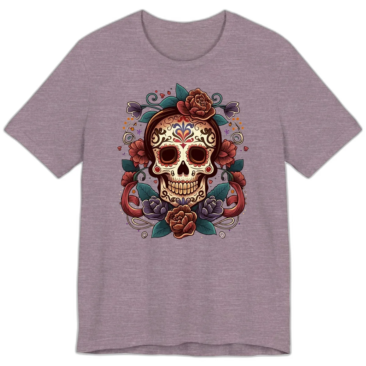 Ornate Floral Calavera Skull Day of the Dead Premium T-Shirt in Heather Purple