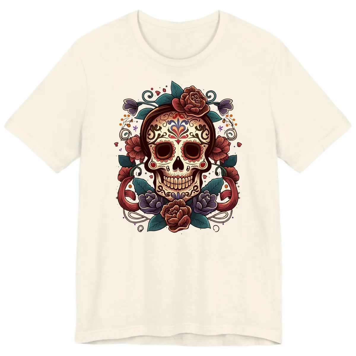 Ornate Floral Calavera Skull Day of the Dead Premium T-Shirt in Natural