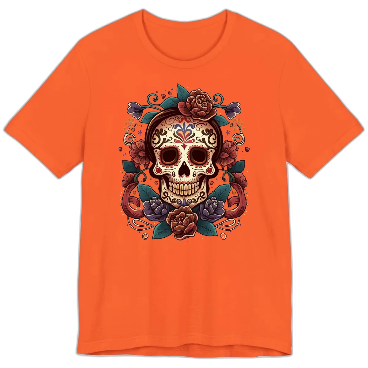 Ornate Floral Calavera Skull Day of the Dead Premium T-Shirt in Orange