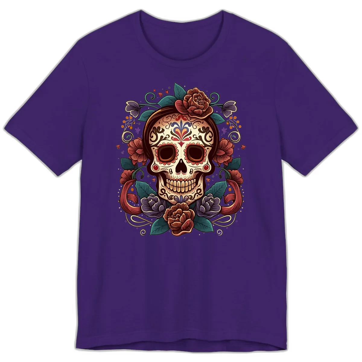 Ornate Floral Calavera Skull Day of the Dead Premium T-Shirt in Team Purple